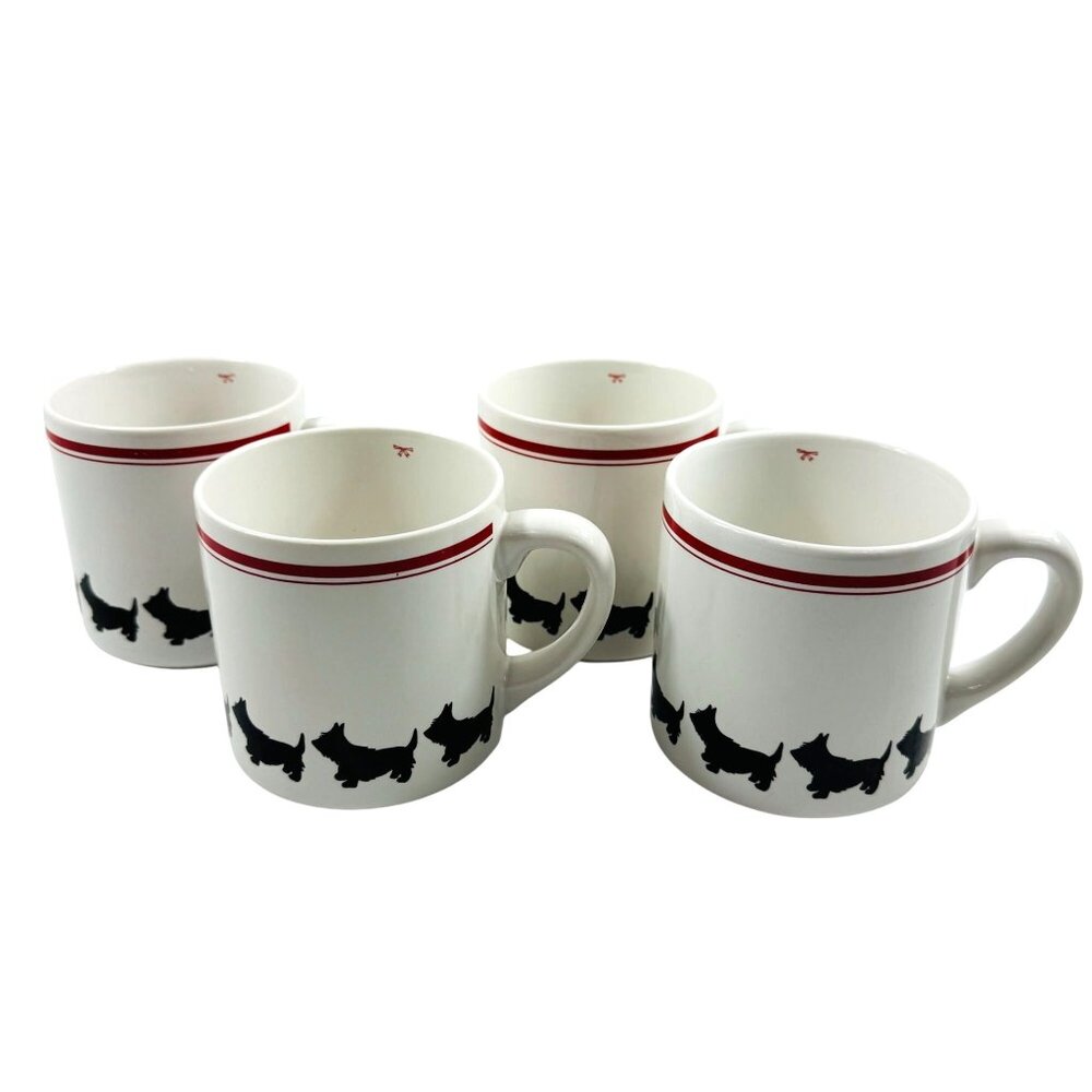 Ceramic Mugs Black Scottish Terrier Dog Pattern & Red Stripe Set of 4